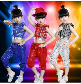 Red silver black royal blue sequined paillette girls boys kids child toddlers jazz dance hip dance stage performance modern dance costumes outfits set
